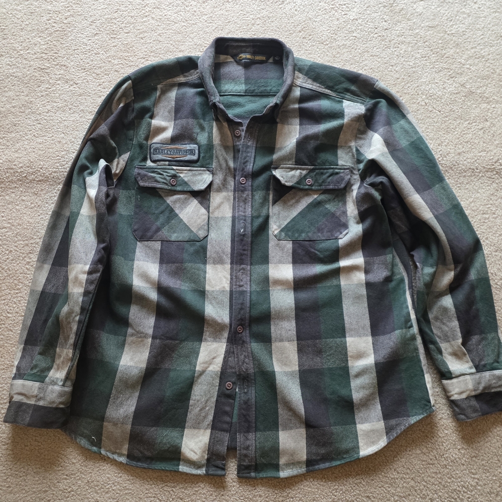 Harley-Davidson Green and Gray Plaid Work Shirt
